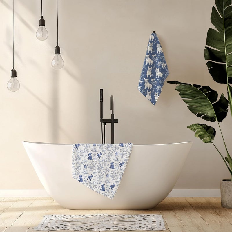 Nipil Chinoiserie French Bulldog Kitchen Towels, Blue and White Floral Botanical Grandmillennial Dog Decor Dish Tea Towels, French Bulldog Gifts Hand Towels for Kitchen Bathroom, 16x24 Inch - Image 3